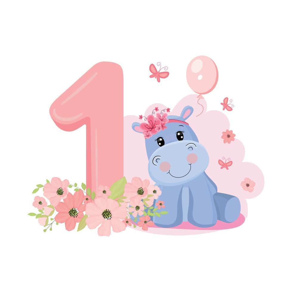Cute baby girl hippo. Birthday invitation. 1 year, 1 month. Happy birthday. vector