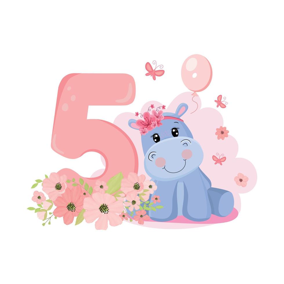 linda niña hipopótamo. invitación de cumpleaños. cinco años, 5 meses. feliz cumpleaños. vector