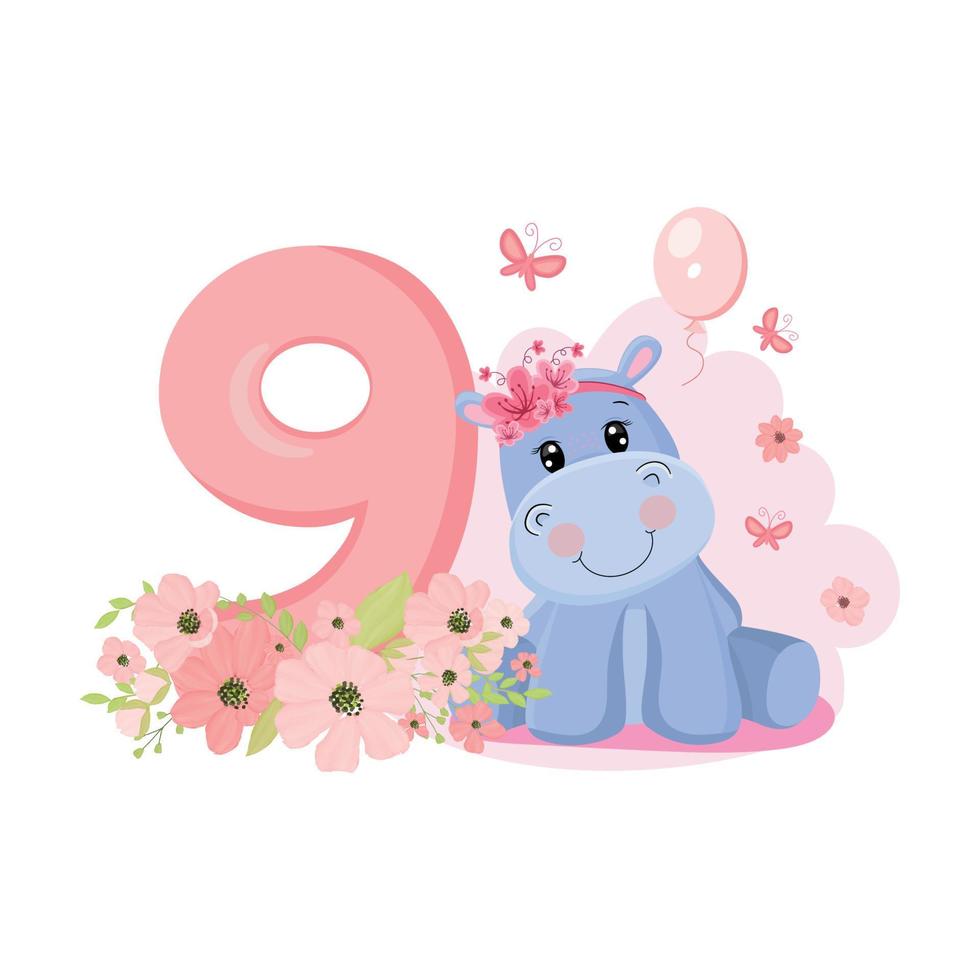 Cute baby girl hippo. Birthday invitation. Nine years, nine months. Happy birthday vector