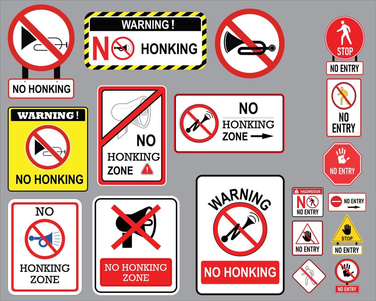 Don't honk, no sound signal, no entry. Traffic sign. Vector illustration.