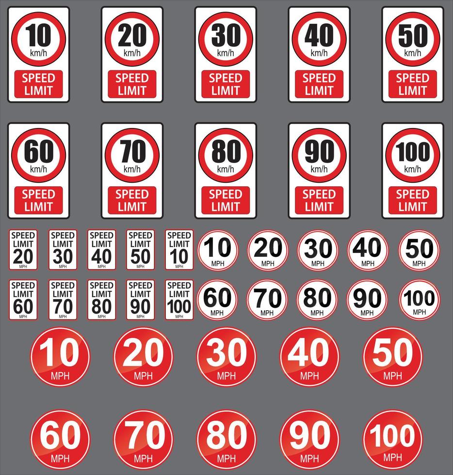 speed limit sign on gray background. speed limit road sign, in a variety of speeds. vector