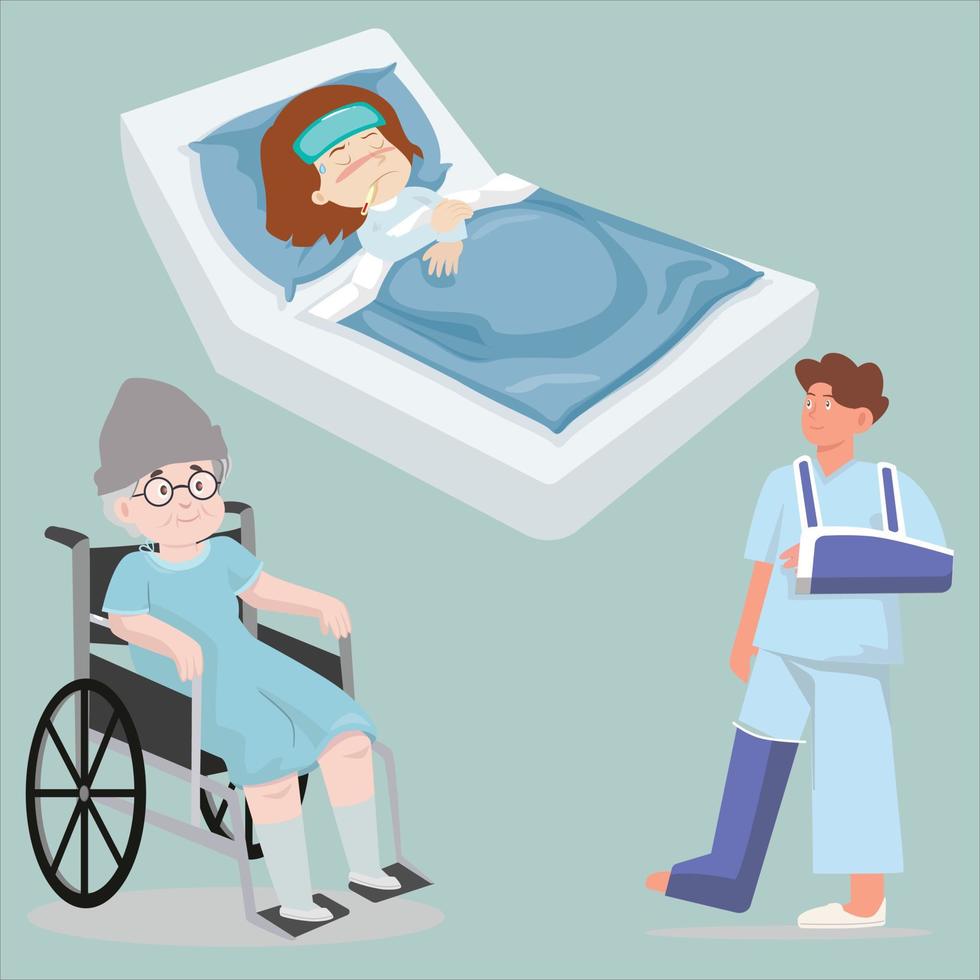 Injury and disability concept, rehabilitation from accident. patient is treated vector