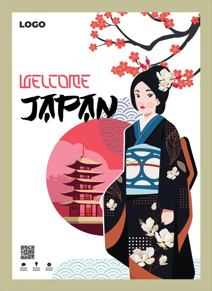 punto de referencia de japón con pagodas, sakura y mujeres vestidas con kimono vector