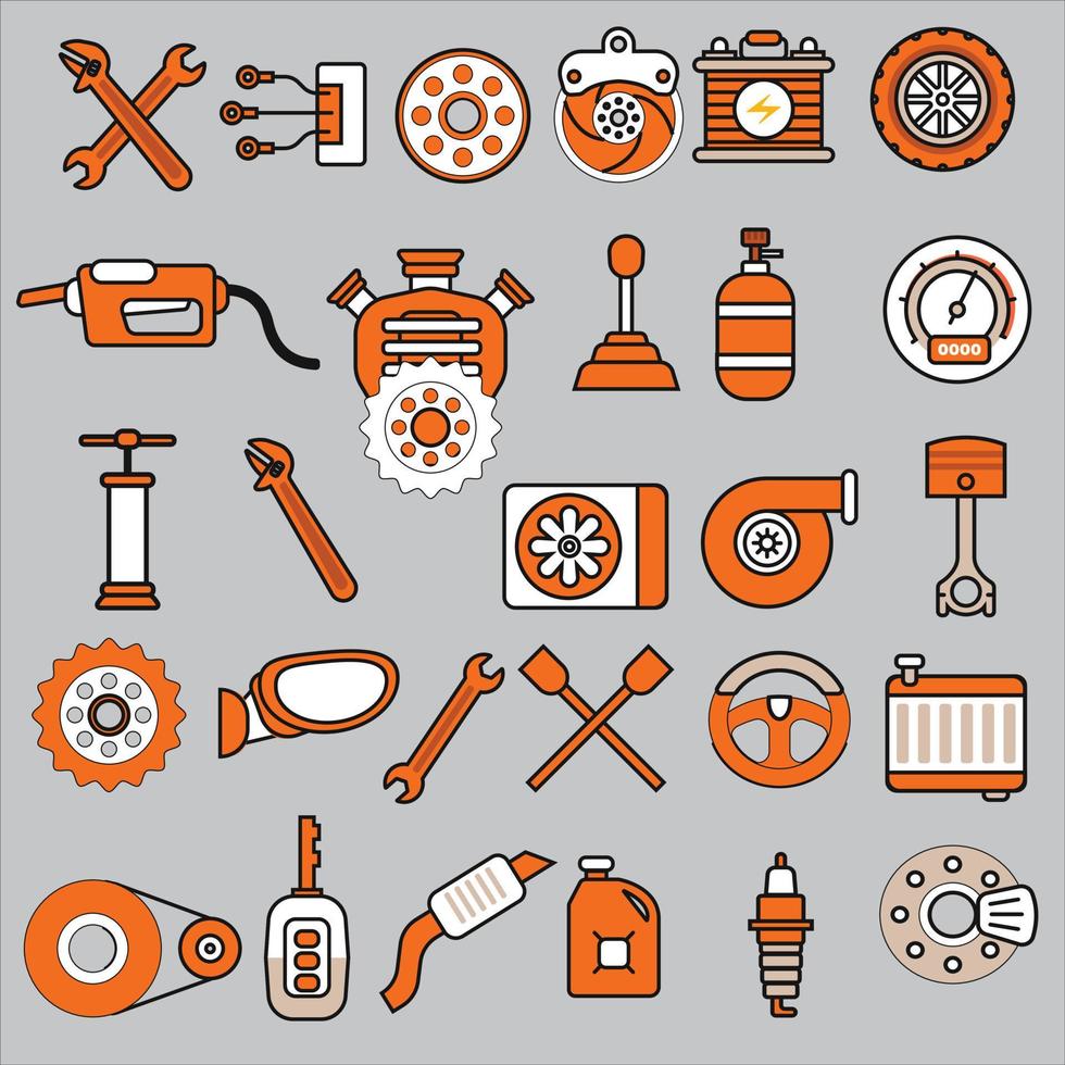 Car details and garage isolated icons set on gray background, repair, car service. vector