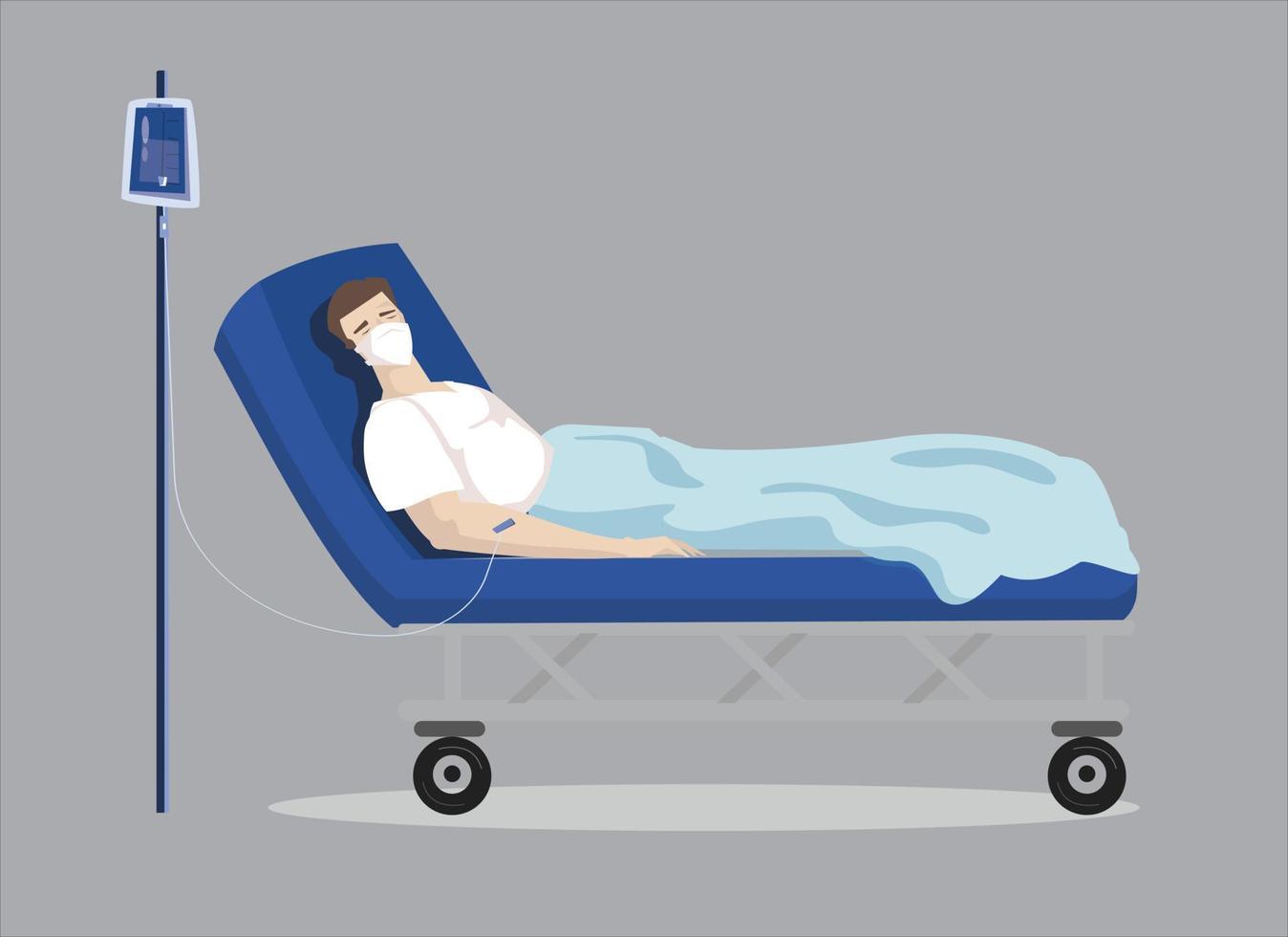 Hospitalization of the patient. infusion patients. A sick person is in a medical bed on a drip. Vector illustration in a flat style