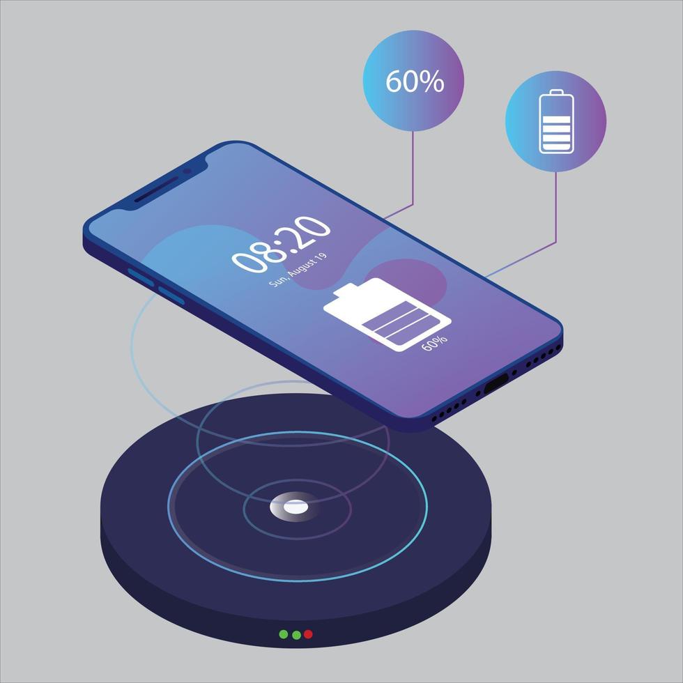 Wireless Charger infographic. Realistic modern black smartphone isolated, borderless and no home button. Charging battery on charging pad. Wireless charging technology concept on gray background. vector