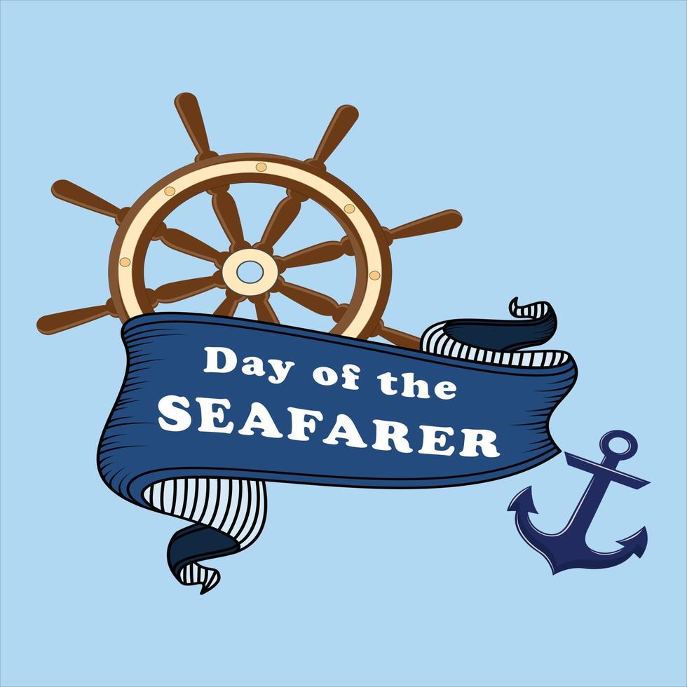 Rudder, ship steering wheel, ribbon with text day of the seafarer. Vector illustration on isolated background in cartoon nautical style. Marine equipment. For congratulations, holiday, invitation.