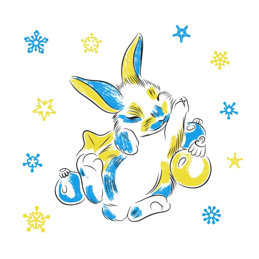 conejo en los colores de la bandera de ucrania, azul y amarillo, en juguetes, fondo de copos de nieve vector