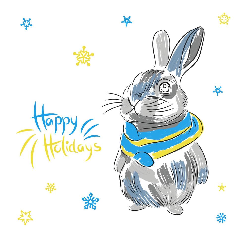 felices fiestas, cita manuscrita, conejo en una bufanda en azul y amarillo, pinceladas vector