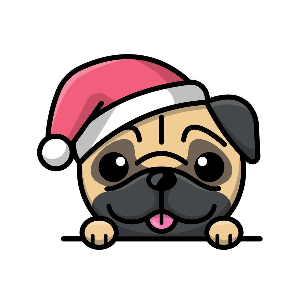 A CUTE PUG DOG IS WEARING SANTA HAT AND PEEKING UP OVER THE WALL vector