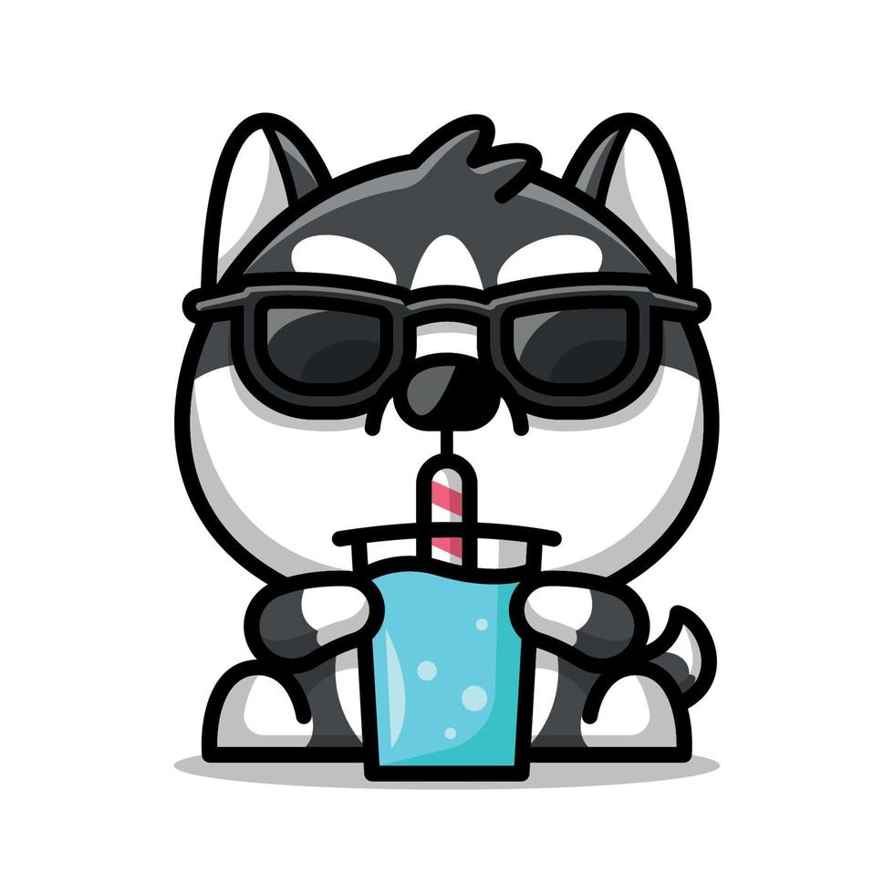 COOL HUSKY IS DRINKING A CUP OF SLUSHY CARTOON MASCOT vector