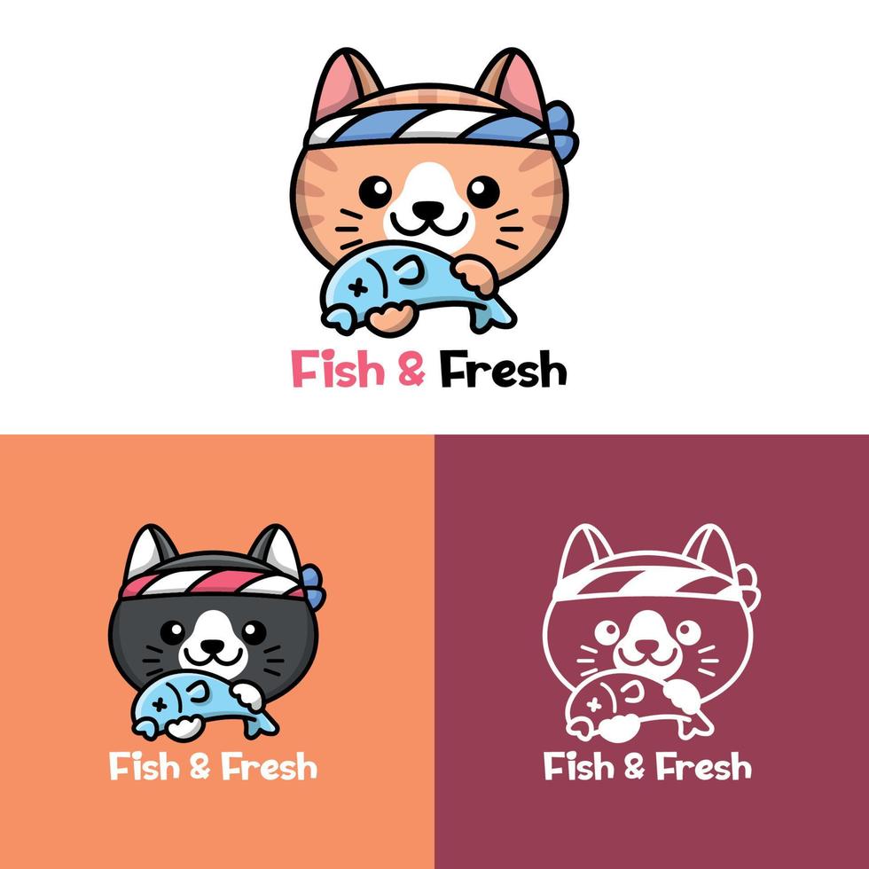 un lindo gato sostiene un conjunto de logotipos de dibujos animados de peces vector