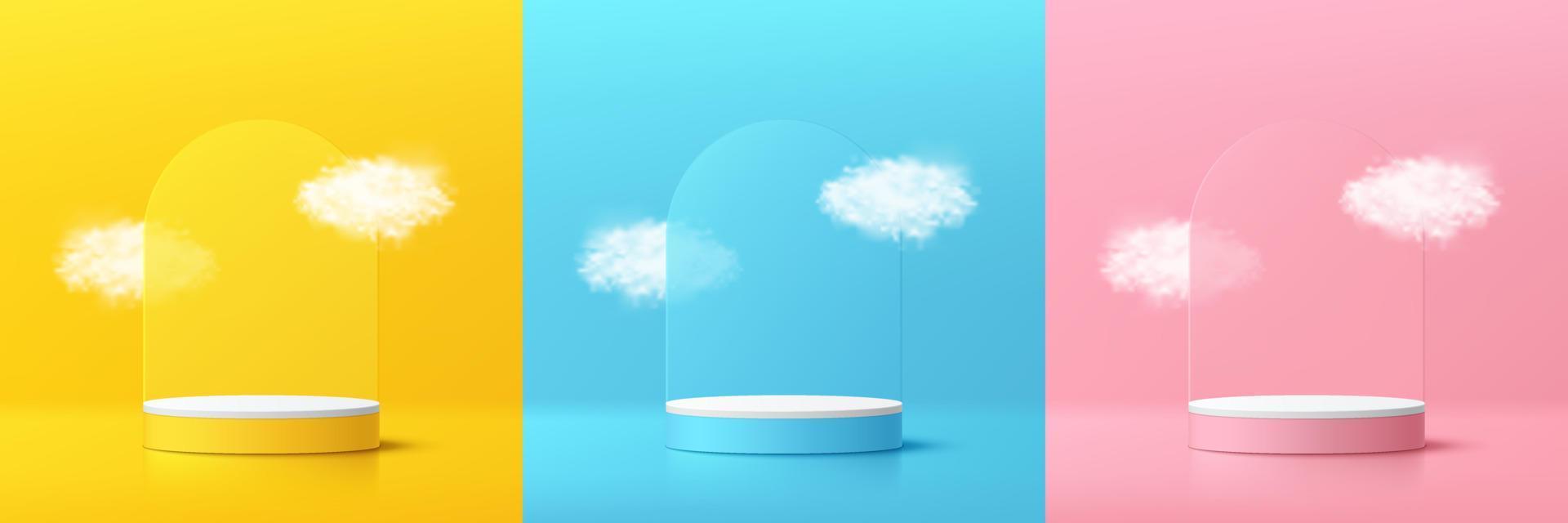Set of yellow, blue, pink, white 3dcylinder pedestal podium. arch shape background with white cloud flying. Abstract vector rendering. Cosmetic mockup product display presentation. Minimal wall scene.