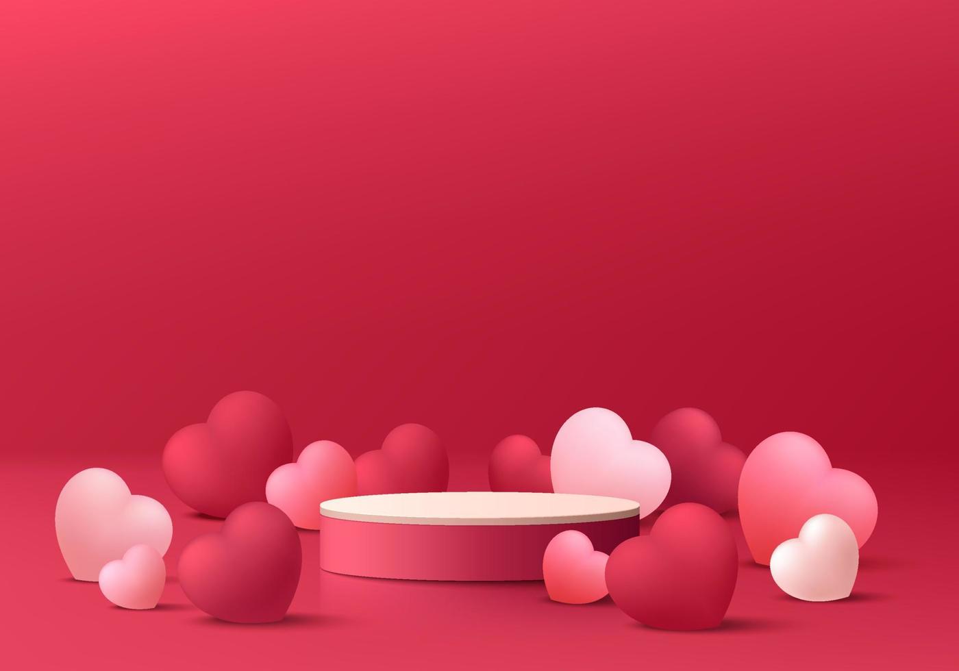 fondo 3d de san valentín con podio de pedestal de cilindro rojo, rosa realista, decoración con forma de corazón de globo. exhibición de producto de maqueta de escena de pared mínima. formas geométricas abstractas. escenario redondo para escaparate. vector