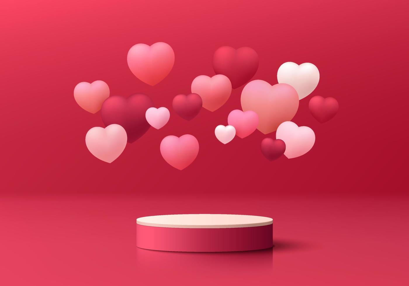 Valentine 3D red background with realistic pink cylinder pedestal podium, Floating flying hearts balloon. Minimal wall scene mockup product display. Abstract geometric forms. Round stage for showcase. vector