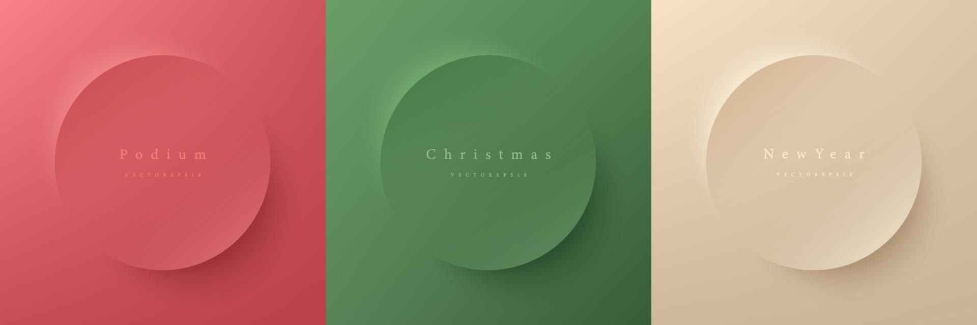 Set of abstract 3d beige, green and red round circle frame design for christmas product. Collection of trendy color geometric background with copy space. Top view pedestal podium scene. Vector EPS10