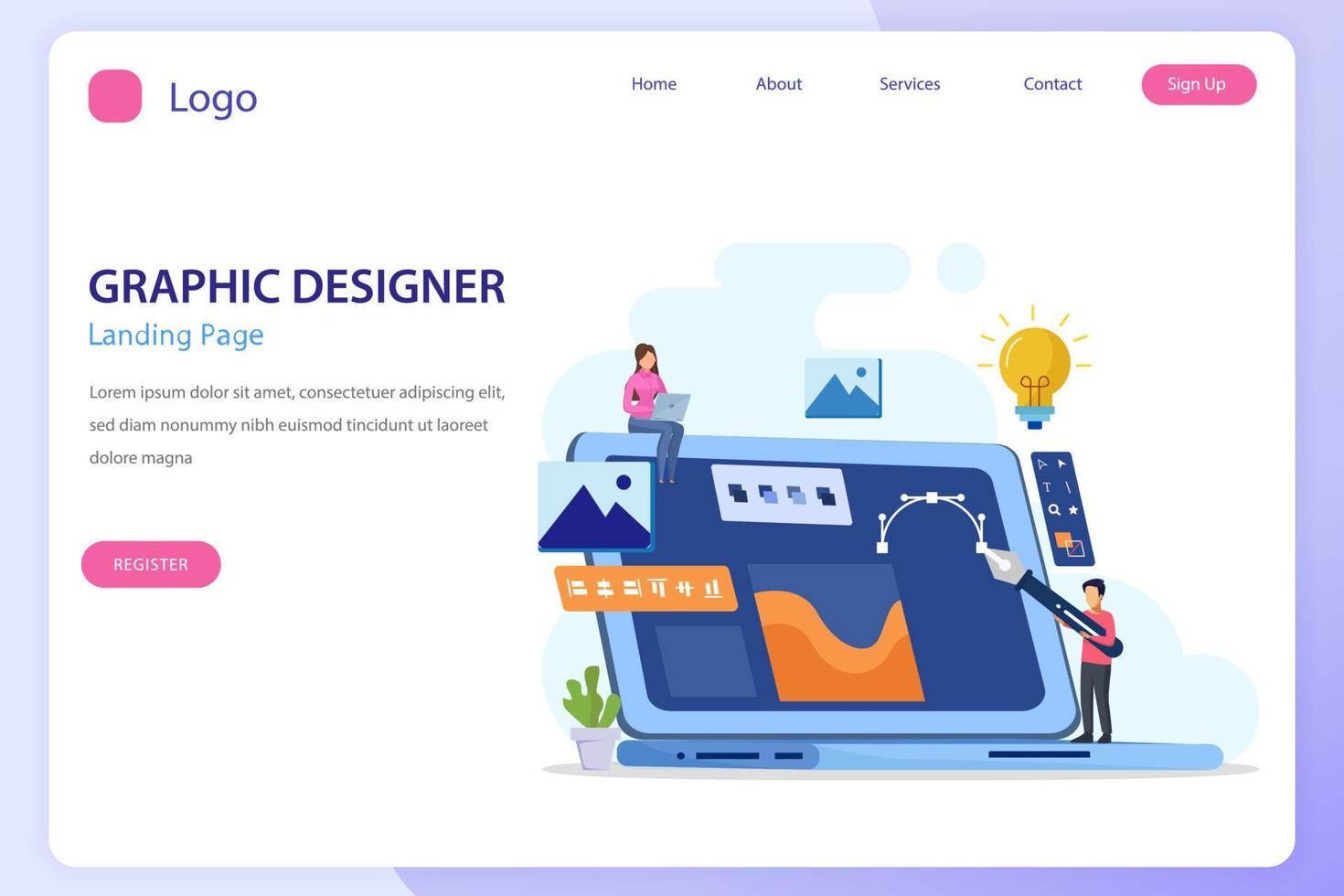Graphic design concept. Digital designers team drawing with pen on computer monitor. Flat vector template style Suitable for Web Landing Pages.