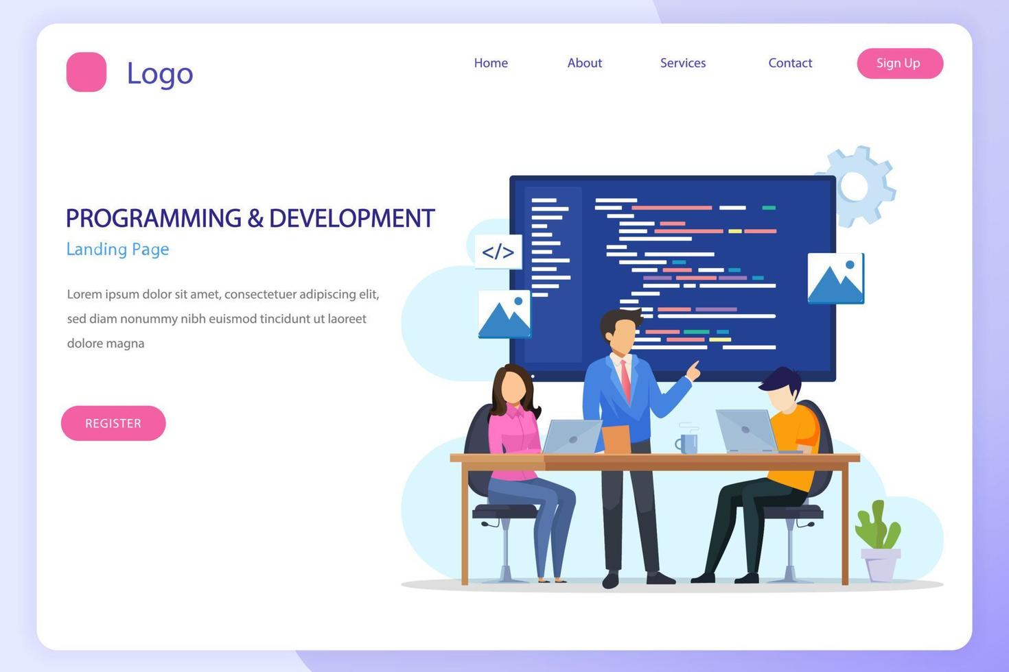 Programmers at work concept, People work on table using laptops programming and coding, programming languages. css, html, PHP, ui. Flat vector template style Suitable for Web Landing Pages.