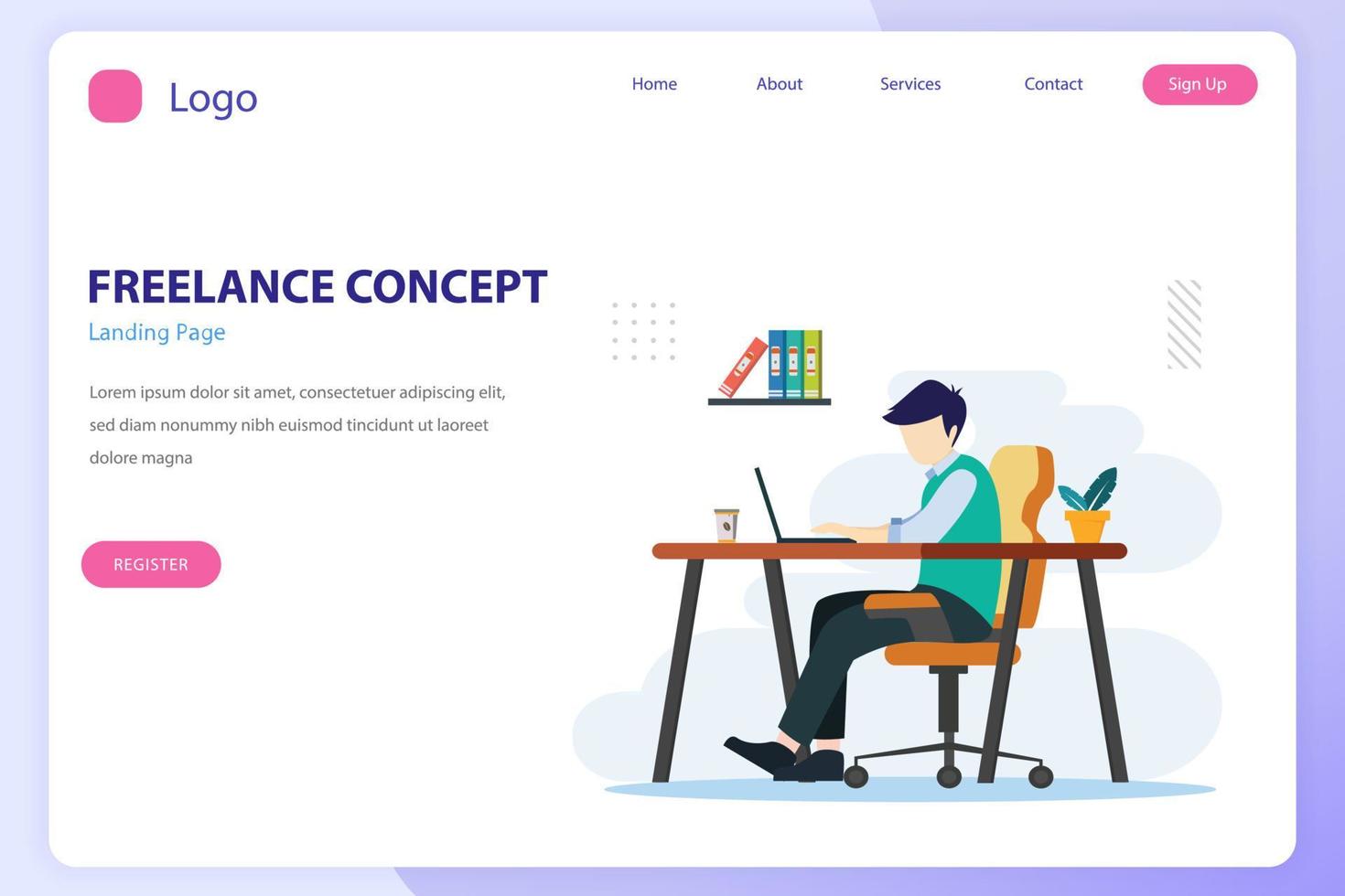 flat design of Work from home concept, Freelance concept. Flat Style vector template suitable for Web Landing Page, Background.