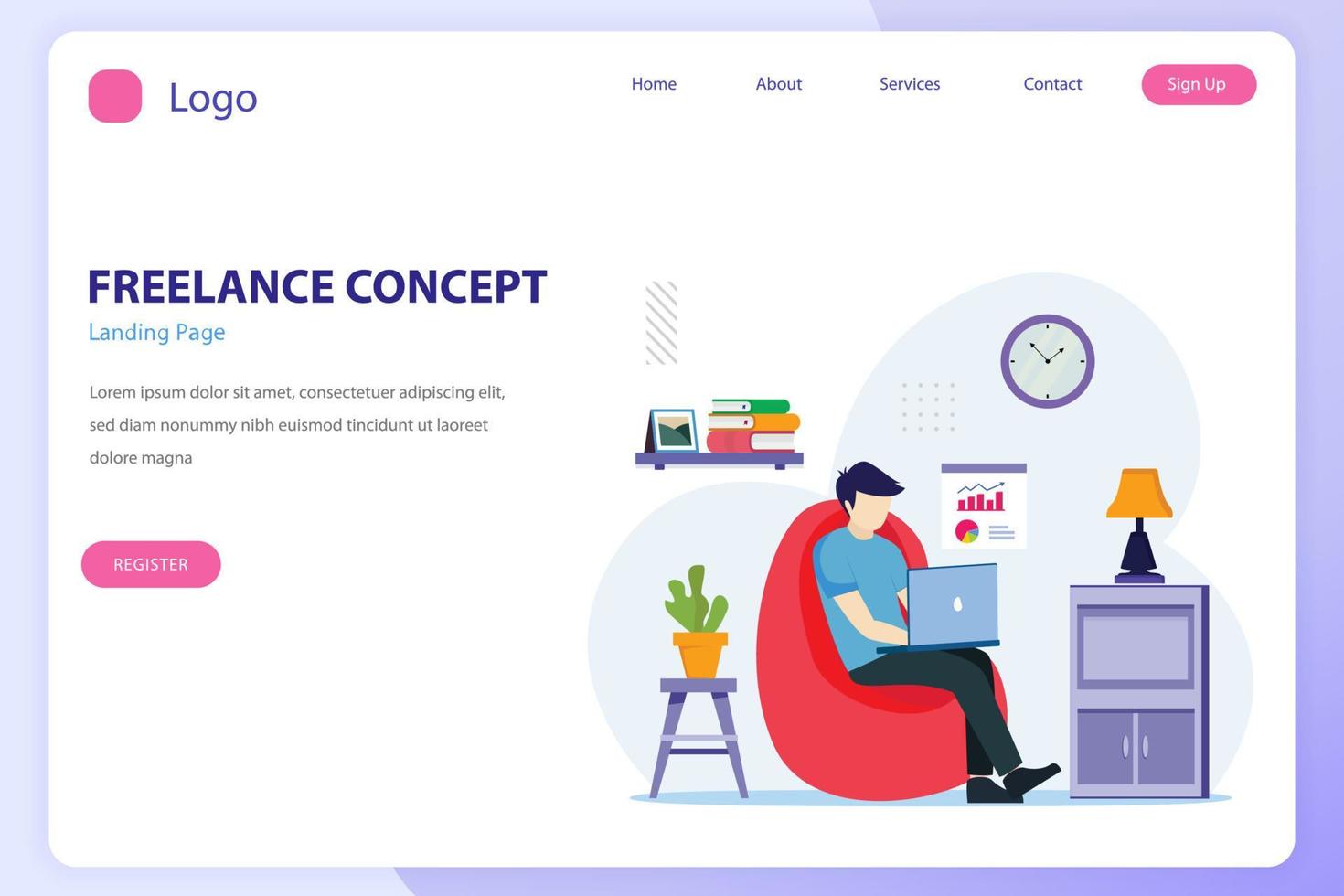 flat design of Work from home concept, Freelance concept. Flat Style vector template suitable for Web Landing Page, Background.