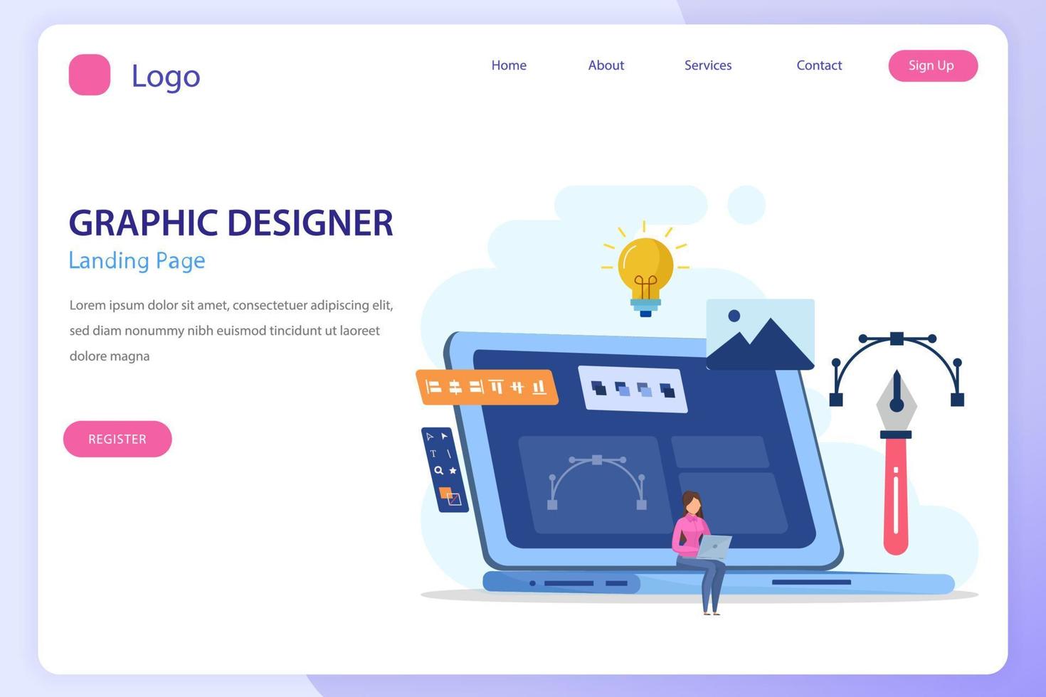 Graphic design concept. Digital designers team drawing with pen on computer monitor. Flat vector template style Suitable for Web Landing Pages.