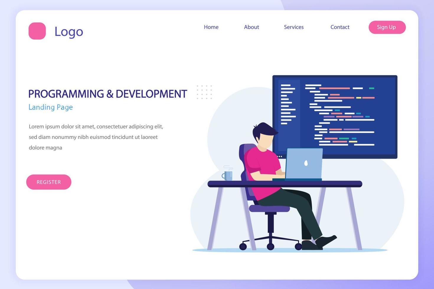 Programmers at work concept, People work on table using laptops programming and coding, programming languages. css, html, PHP, ui. Flat vector template style Suitable for Web Landing Pages.