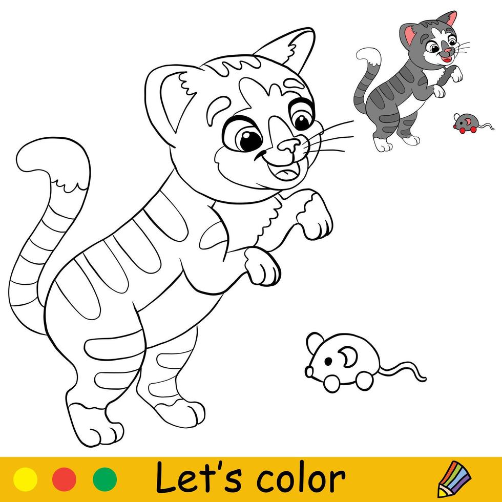 lindo gato jugando con un juguete de ratón coloreando con plantilla vector