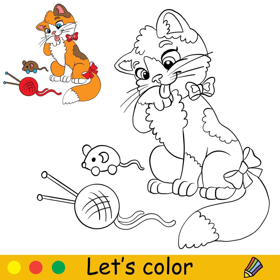 Cute cat with a toys coloring with template vector