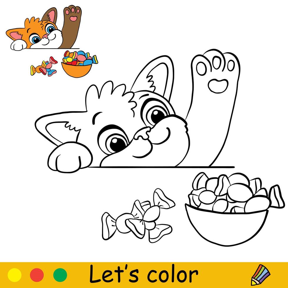 Kitten with a plate of candies coloring with template vector