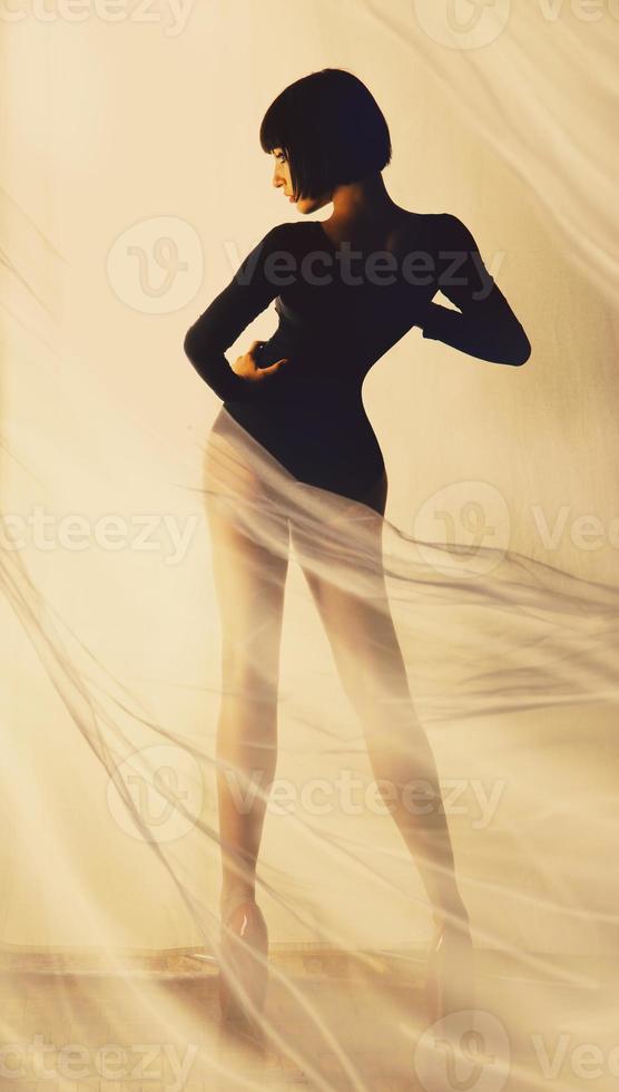 Brunette body behind cloth photo