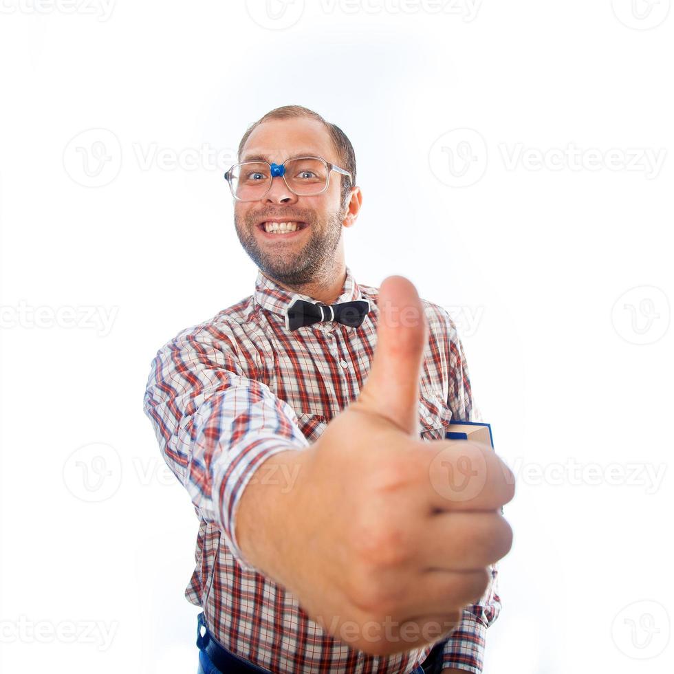 cheerful smiling geek shows class mark photo