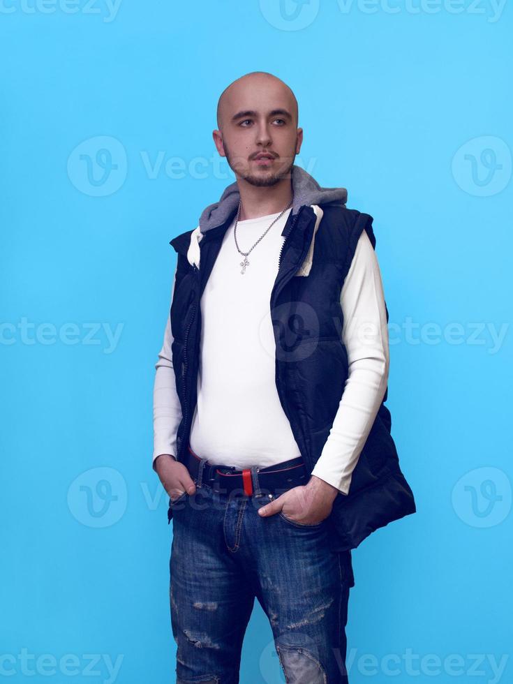 Modern man on blue background photo