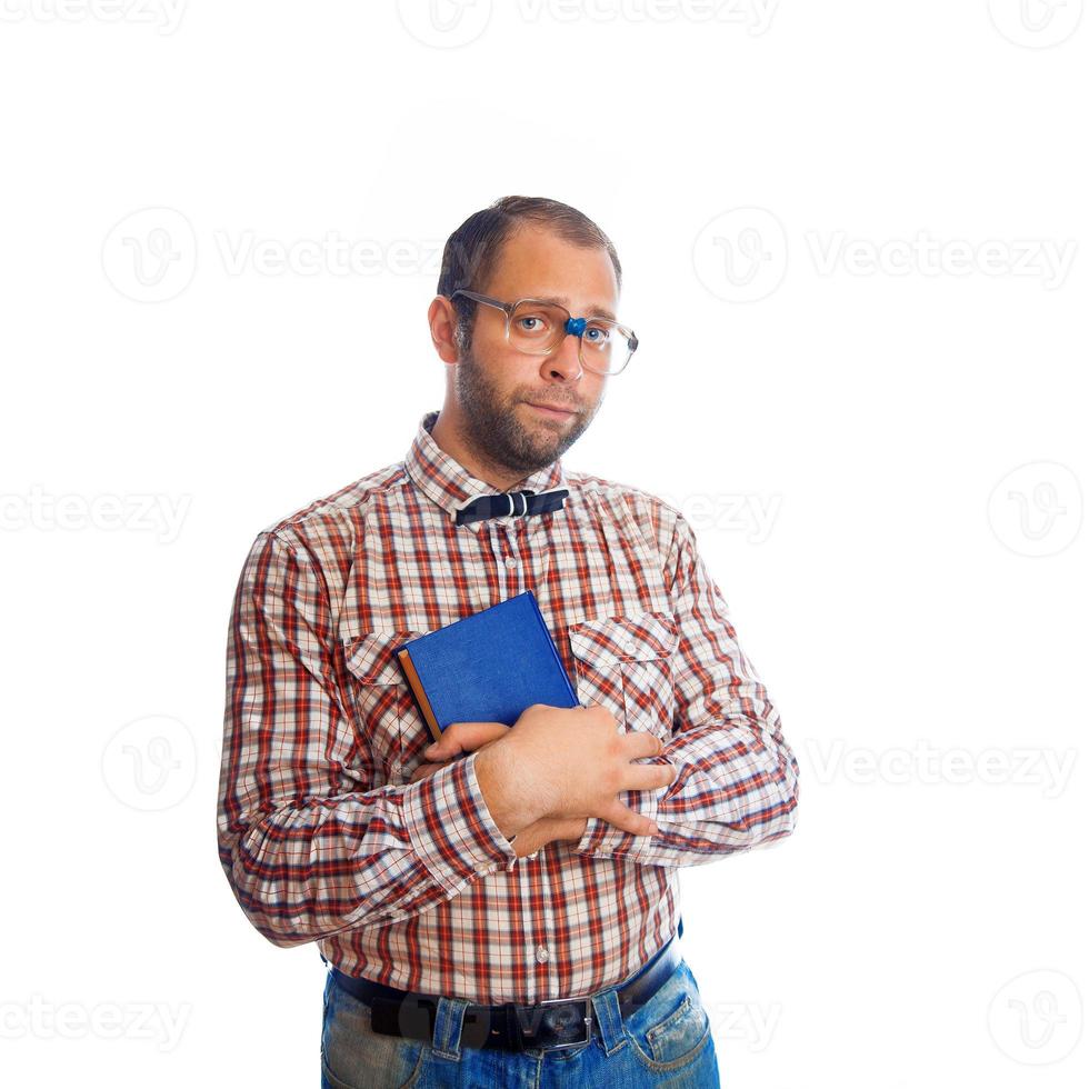 Sad geek guy with book looking at camera photo