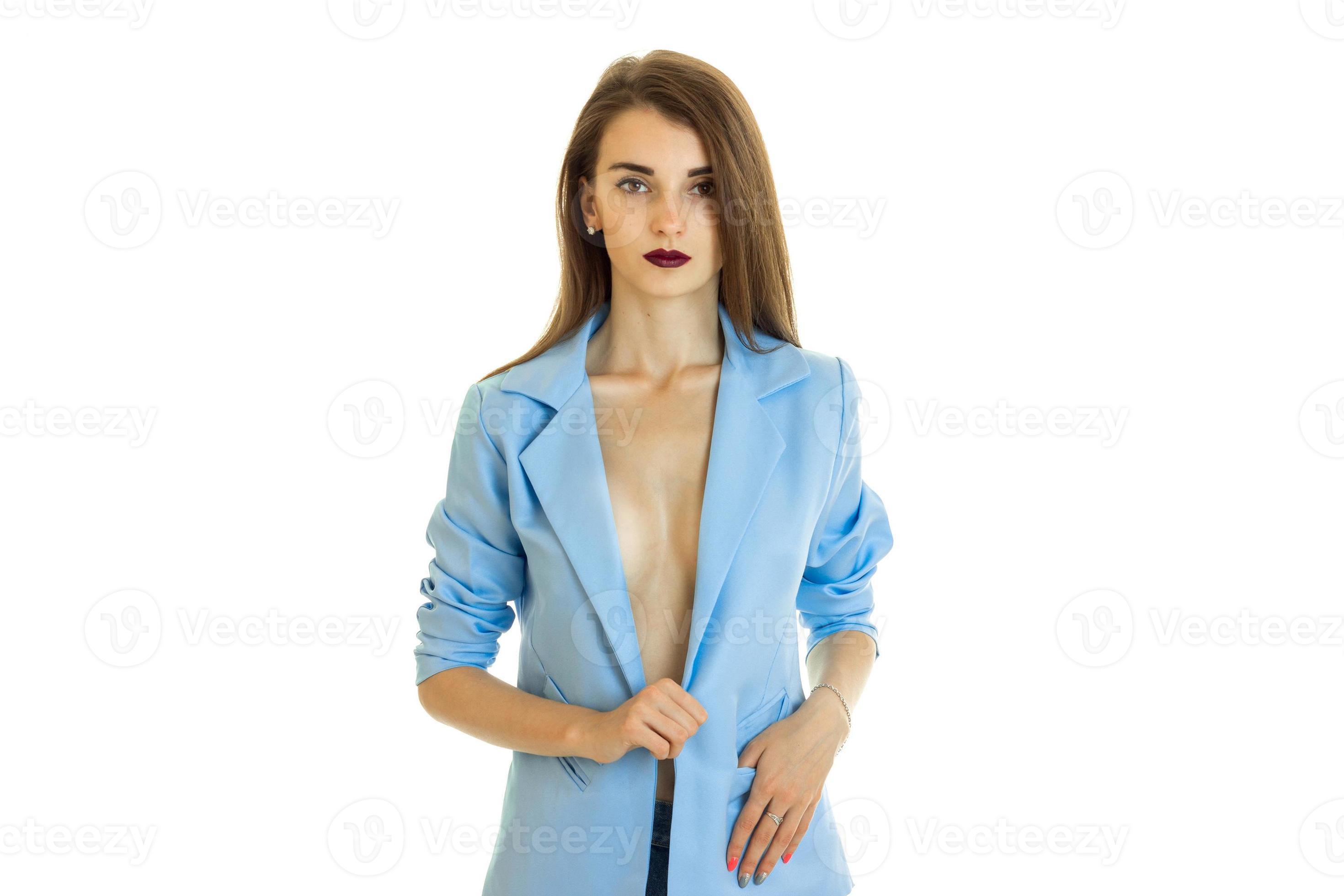 young charming business woman in blue jacket without bra 16519226