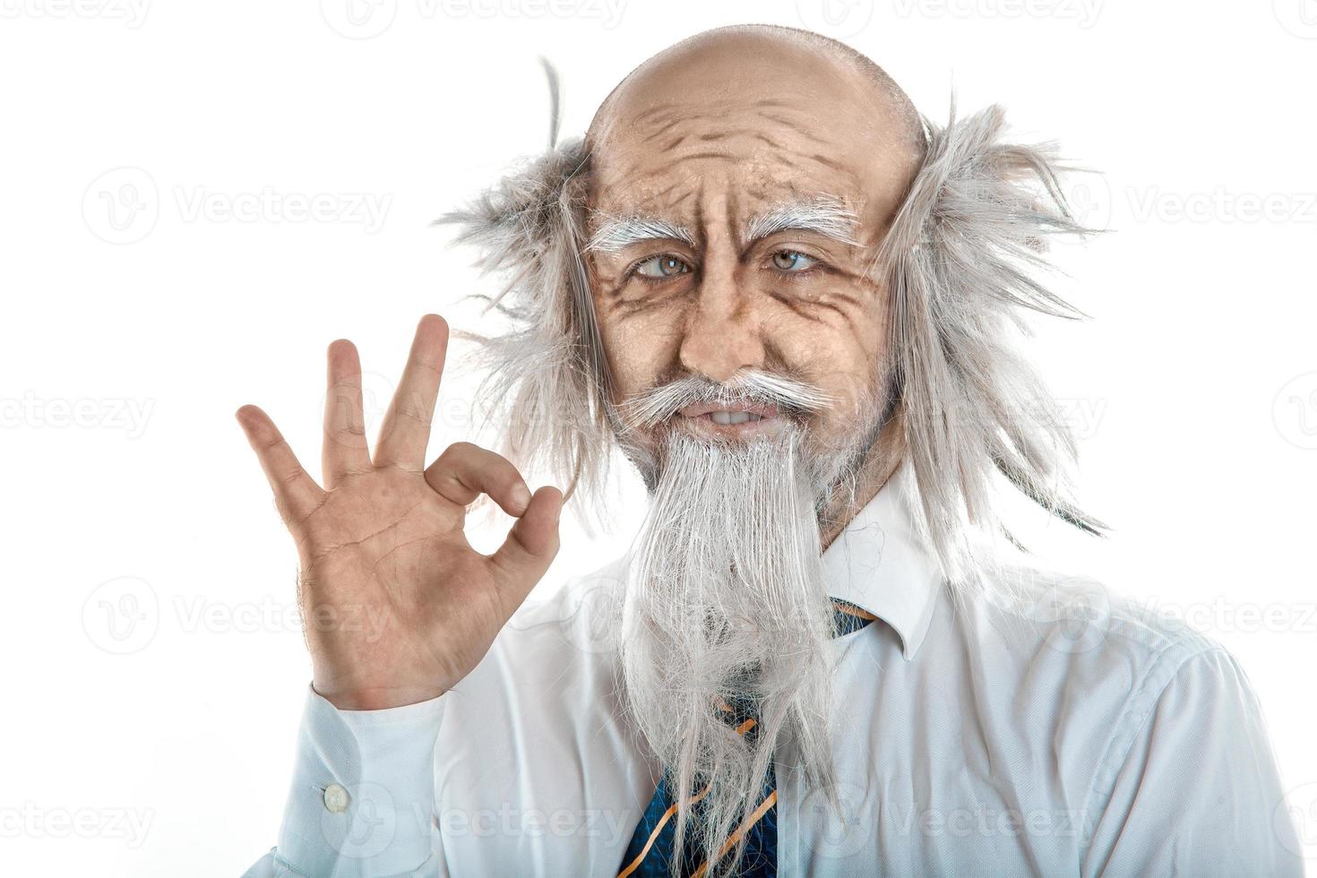 Portrait of bald crazy oldman in studio photo