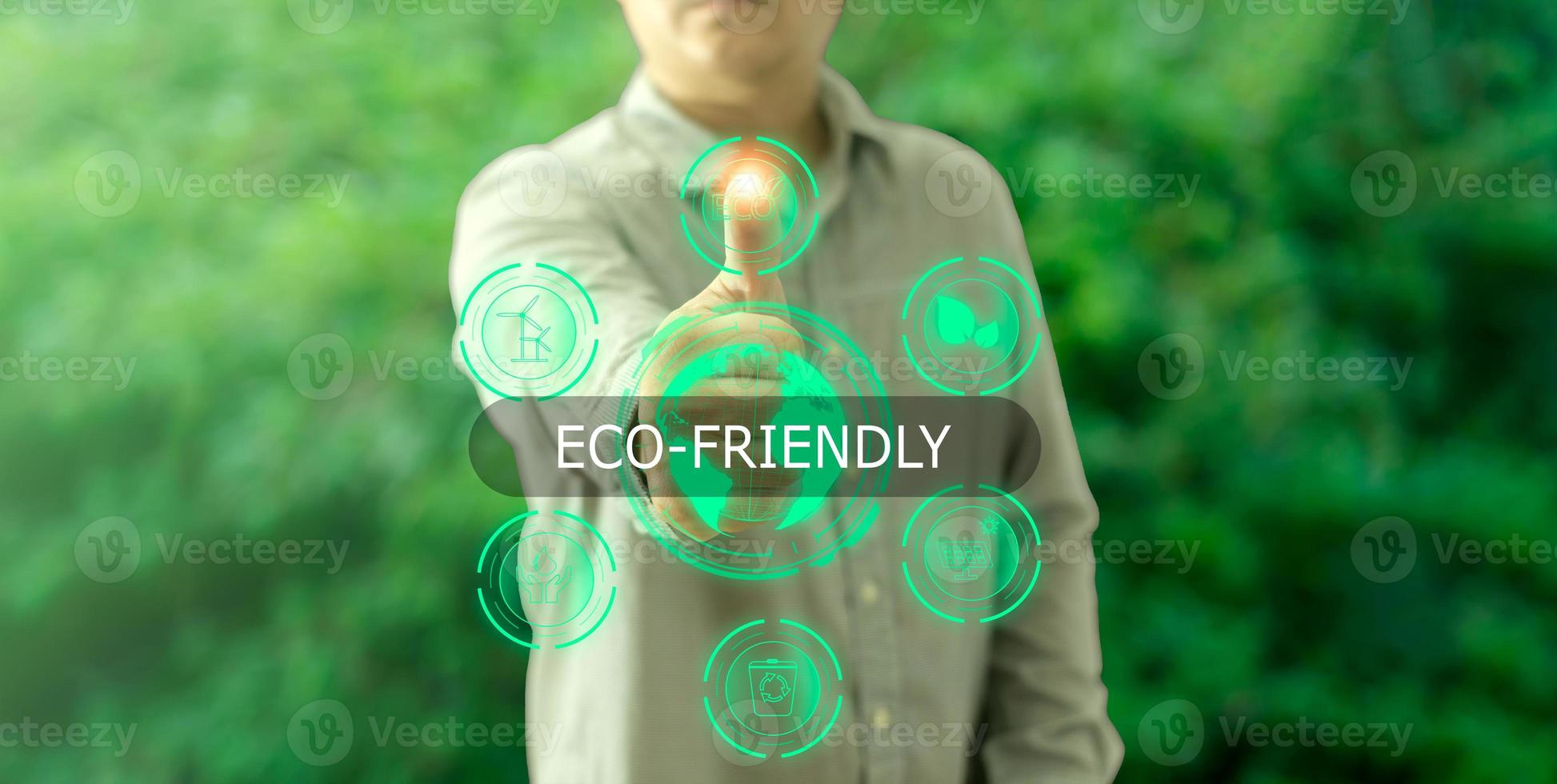 hand touch hologram to save energy,and reduce global warming,climate change,ecology friendly investment,ESG environment social governance,Green Business Innovation and Sustainable Development concept. photo