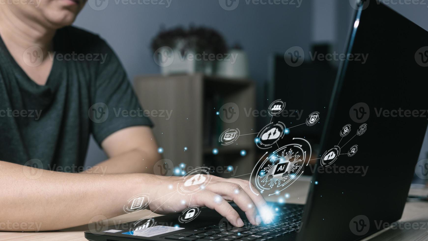 person use an Ai chip.new technology bigdata and business process strategy,customer service management.Digital transformation change management,internet of things.cloud computing.Ai technology. photo