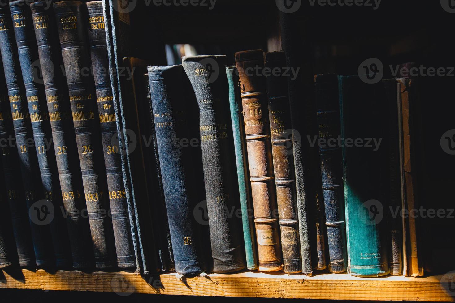 libros antiguos en la estantería de la biblioteca bajo el rayo del sol foto