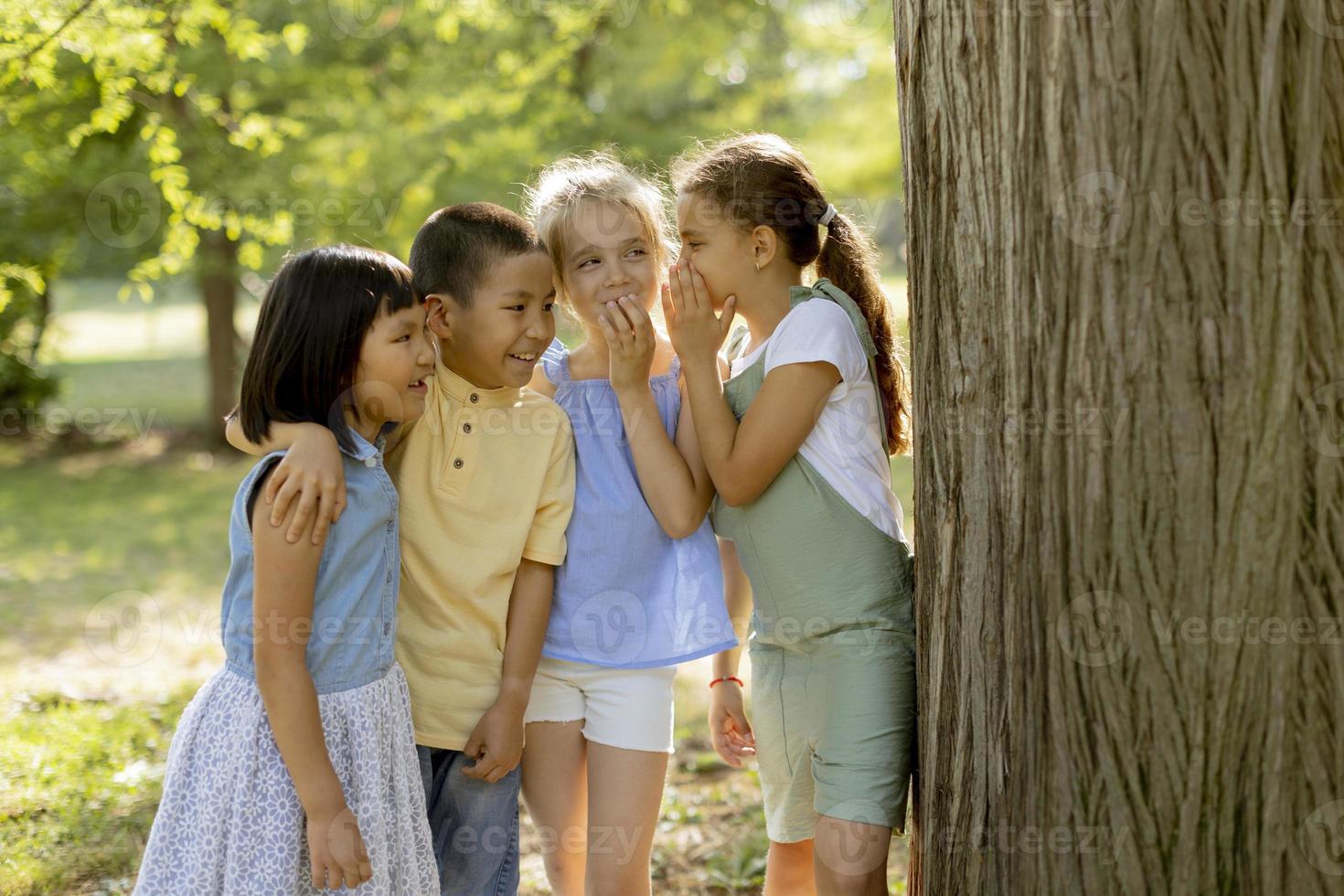 Group of asian and caucasian kids having fun in the park photo