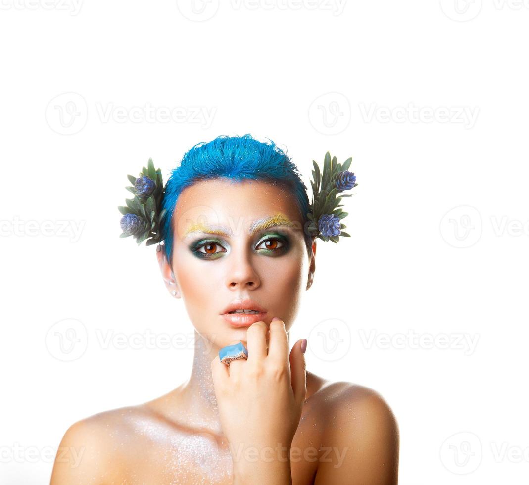 Square elegant girl with short hairstyle and flowers in hair photo