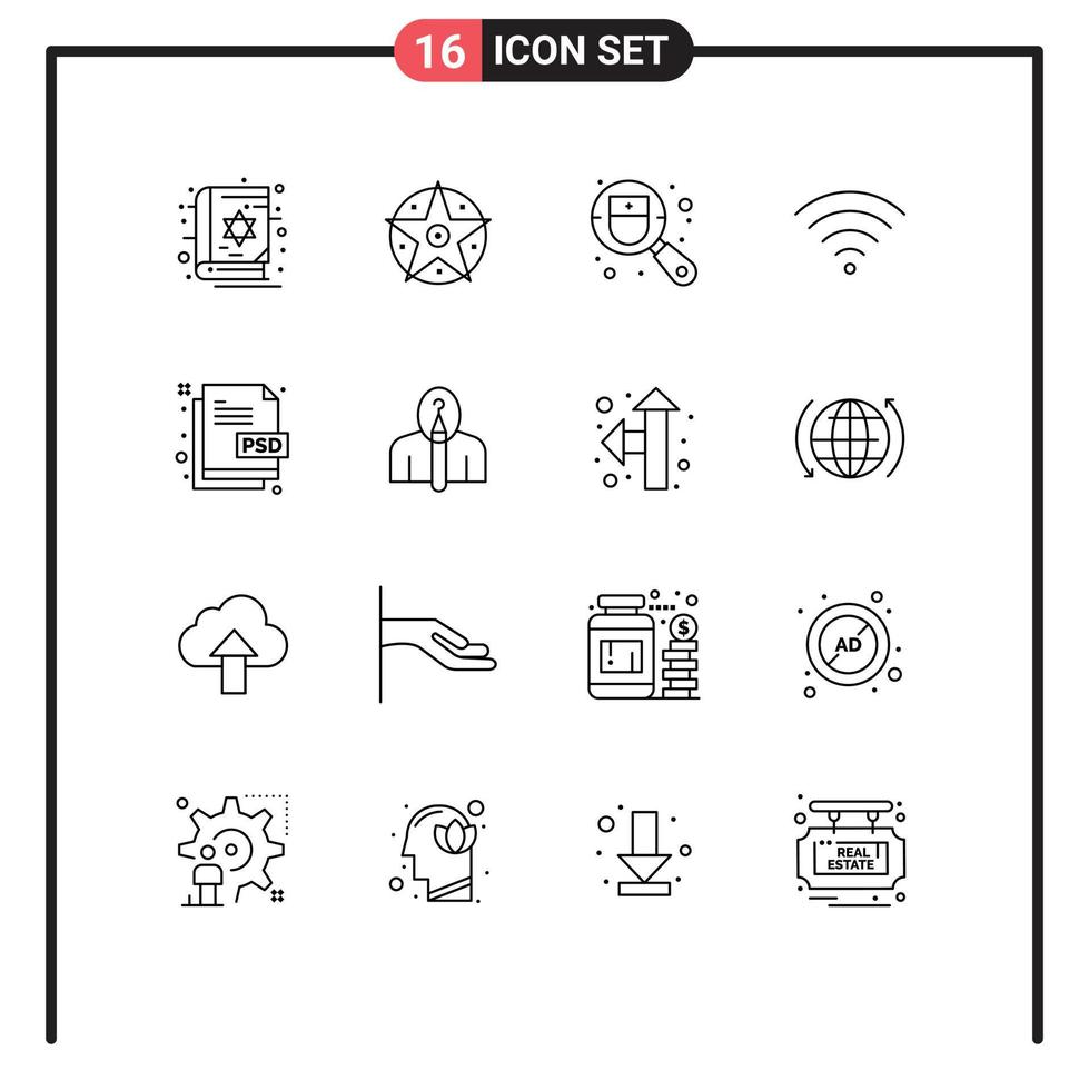 Set of 16 Commercial Outlines pack for document creative checkup wifi connection Editable Vector Design Elements