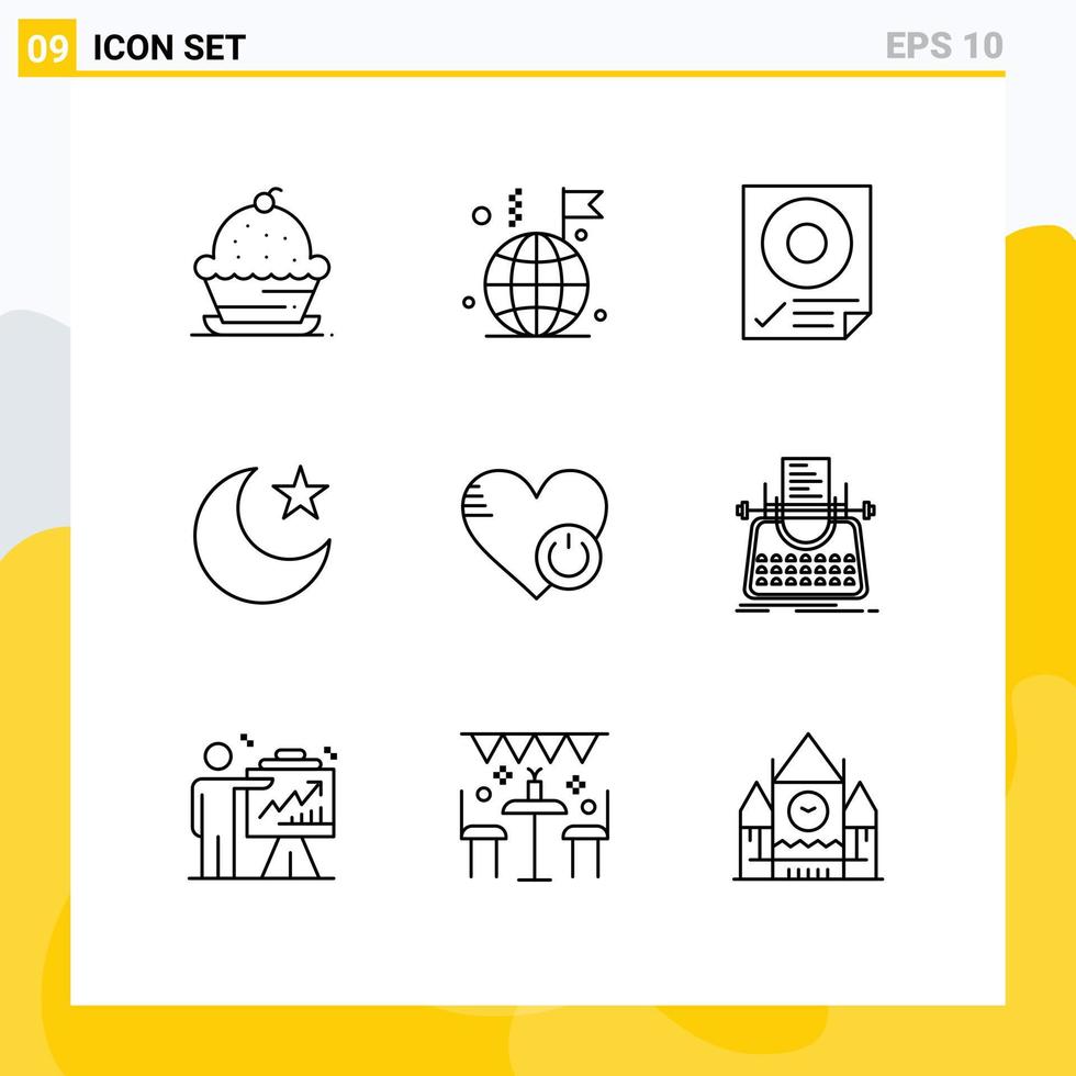 Set of 9 Vector Outlines on Grid for shutdown star flag moon page Editable Vector Design Elements