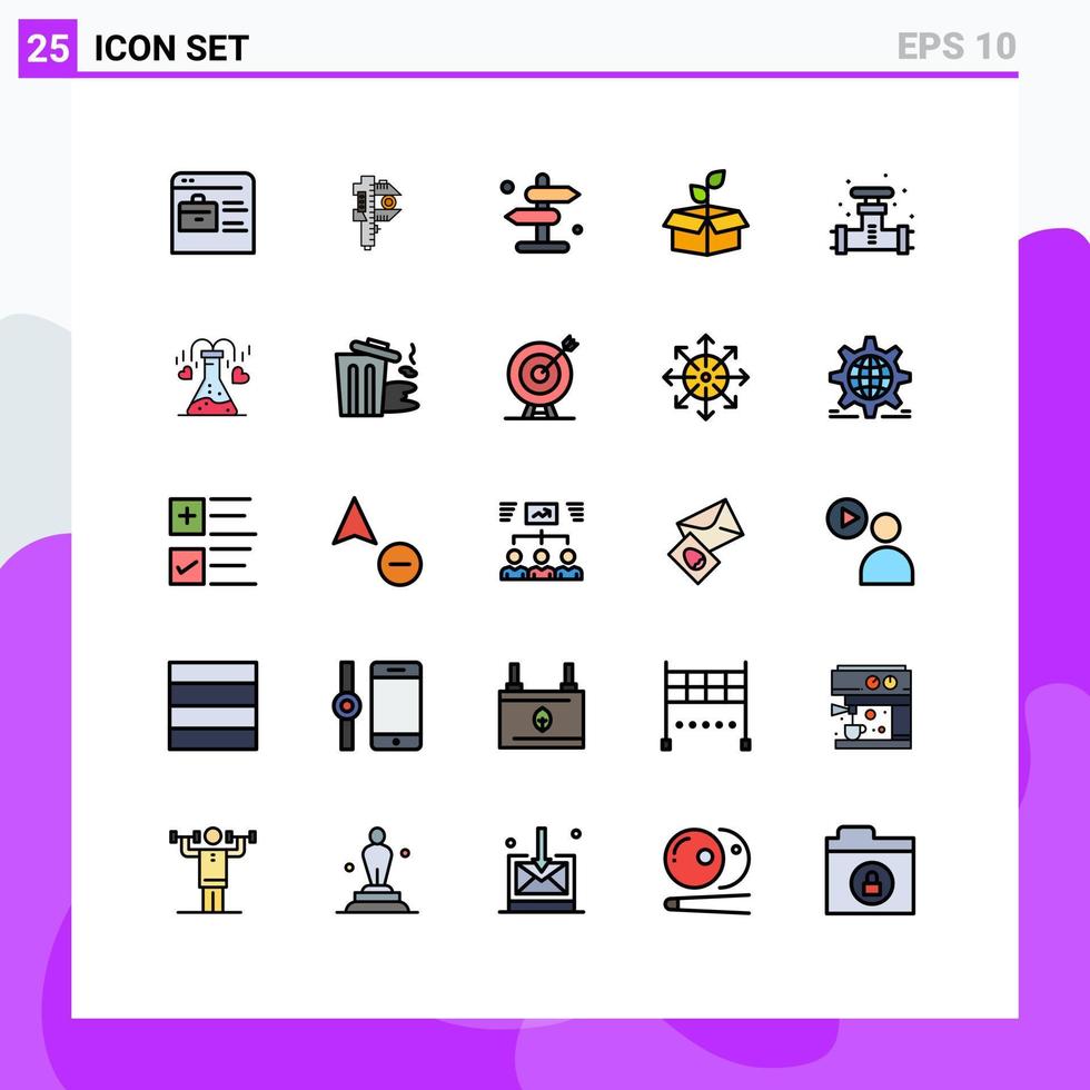 paquete de 25 modernos signos y símbolos de colores planos de línea rellena para medios de impresión web, como energía eléctrica, pequeños elementos de diseño de vectores editables de carreteras ecológicas
