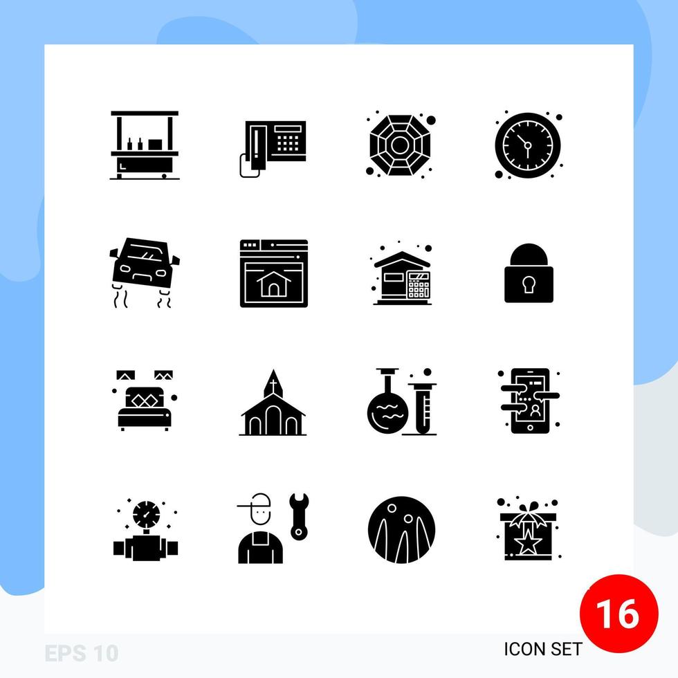 Group of 16 Modern Solid Glyphs Set for road accident china wall watch time Editable Vector Design Elements