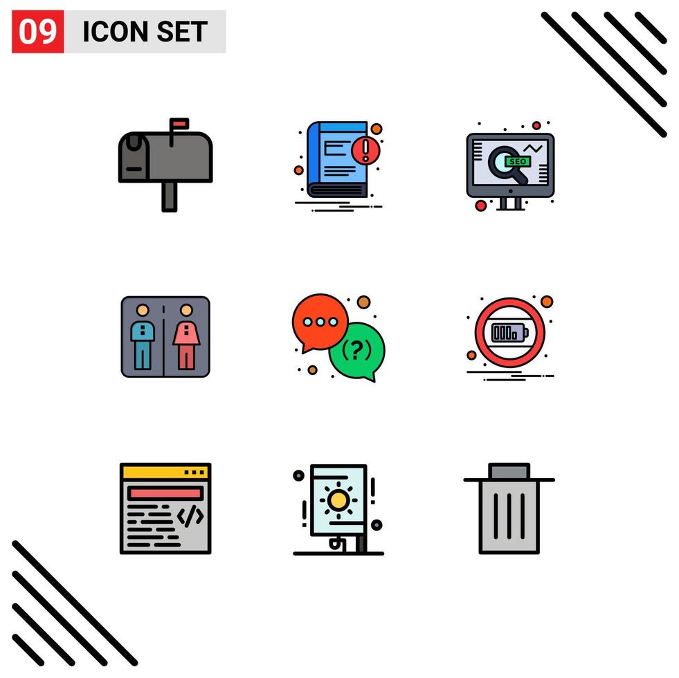 Group of 9 Modern Filledline Flat Colors Set for service help seo hotel elevator Editable Vector Design Elements