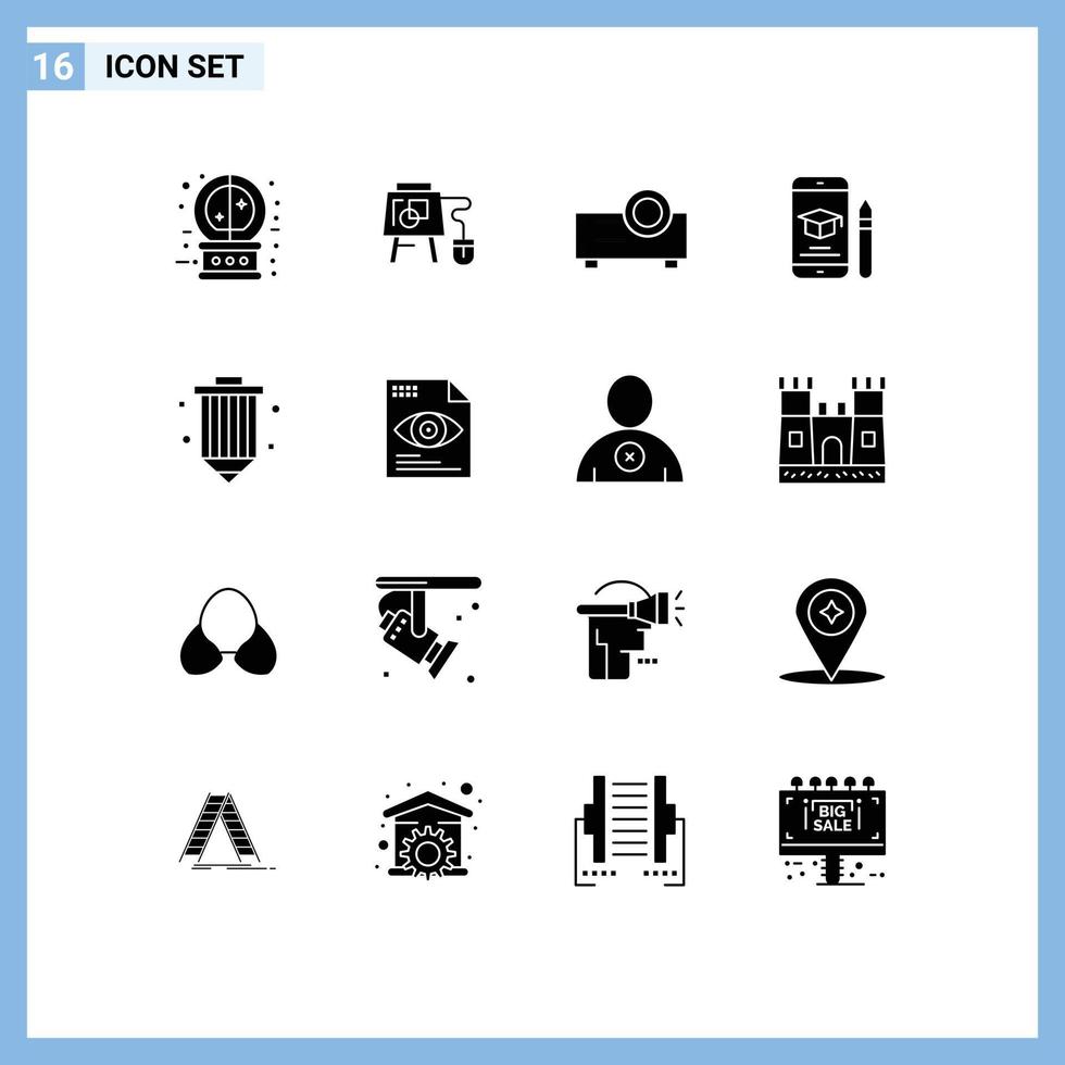 Group of 16 Solid Glyphs Signs and Symbols for design pencil device mobile education Editable Vector Design Elements