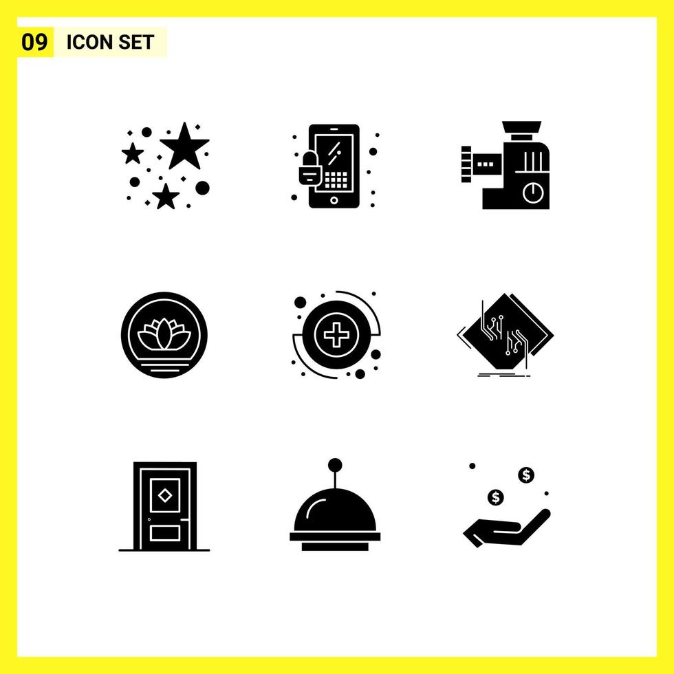 Pack of 9 Modern Solid Glyphs Signs and Symbols for Web Print Media such as board medical manual capture coin Editable Vector Design Elements