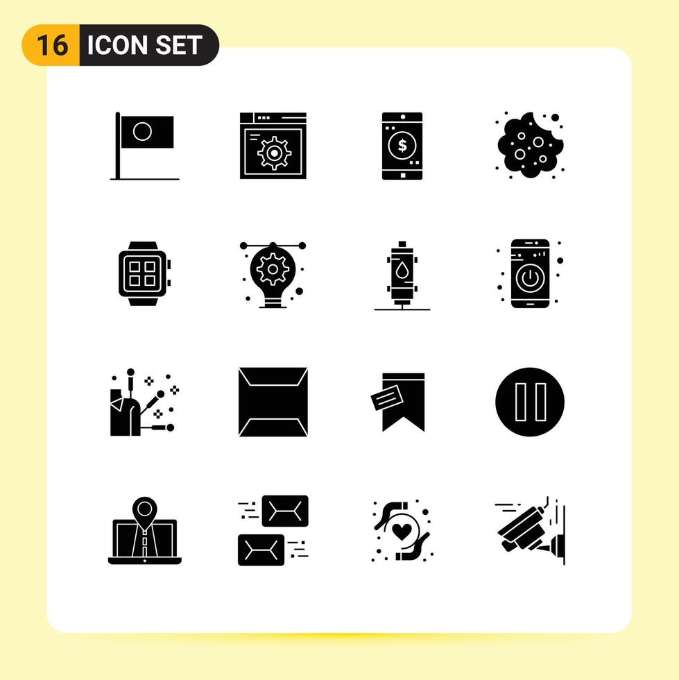 16 User Interface Solid Glyph Pack of modern Signs and Symbols of electronic eat internet cookie dollar Editable Vector Design Elements