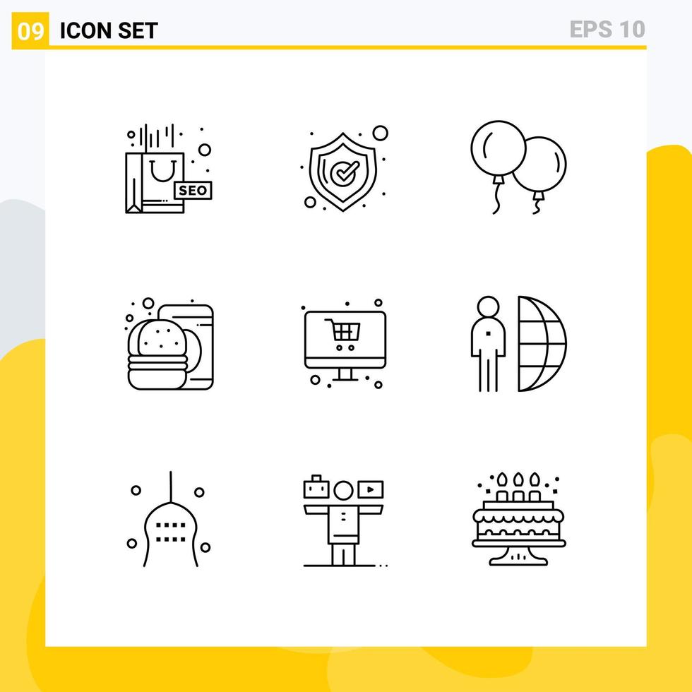 Modern Set of 9 Outlines Pictograph of monitor shopping fly online fast food Editable Vector Design Elements