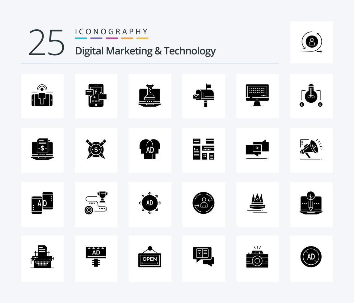 Digital Marketing And Technology 25 Solid Glyph icon pack including streaming. email. digital. message. mail vector